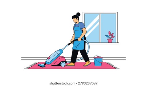 Professional cleaning lady in an apron using a modern vacuum cleaner to clean a pink rug in a bright, minimalist room.