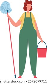 Professional cleaning lady holding mop and bucket wearing uniform, cleaning service worker washing and cleaning house, housekeeping duties, domestic hygiene service