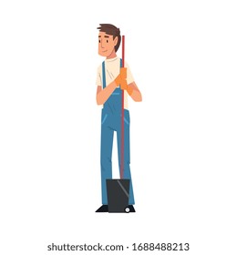 Professional Cleaning Man with Mop and Bucket, Male Worker Character Dressed in Blue Overalls and Rubber Gloves, Cleaning Company Staff Vector Illustration