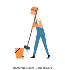 Professional Cleaning Man Mopping the Floor with Mop and Bucket, Male Worker Character Dressed in Blue Overalls and Rubber Gloves, Cleaning Company Staff Vector Illustration