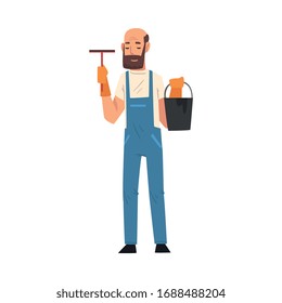 Hombre de limpieza profesional con cubeta y cubeta, personaje masculino de trabajo vestido con toallas azules y guantes de goma, Ilustración vectorial del personal de la empresa de limpieza