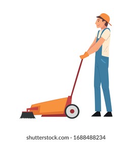 Professional Cleaning Man Using Floor Cleaning Machine, Male Worker Character Dressed in Blue Overalls and Rubber Gloves, Cleaning Company Staff Vector Illustration