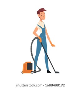 Professional Cleaning Man Vacuuming the Floor, Male Worker Character Dressed in Blue Overalls and Rubber Gloves, Cleaning Company Staff Vector Illustration