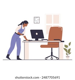Professional cleaning service cleans the work space. Illustration for websites, landing pages, mobile apps, posters and banners. Trendy flat vector illustration