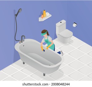 Professional cleaning service colored isometric composition female cleaner cleans the bathroom fixtures in a client s home vector illustration