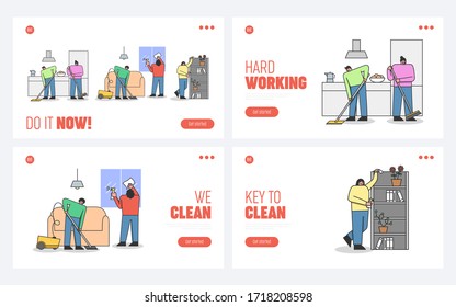 Konzept des professionellen Reinigungsdienstes. Website Landing Page. Männer und Frauen welken, Sweep Floor, Dusting. Das Personal leistet Hausarbeit. Webpage Cartoon Linear Outline Flat Style. Vektorgrafik-Set