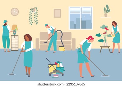 Professional cleaning service employee group work together, woman hold mop, vacuum cleaner flat vector illustration, comfortable dirty room.