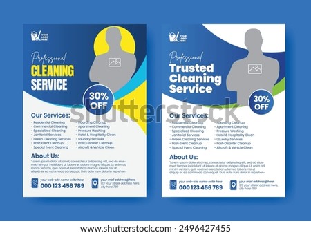 professional cleaning service flyer or poster, house cleaning flier, home service leaflet or brochure cover, pool, roof cleaning poster, office cleaning brochure, commercial service flyer design