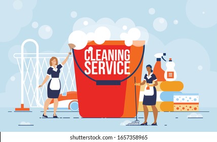 Professional Cleaning Service, Housekeeping Company Workers, Hotel Room Maid Job Opportunity Banner. Caucasian, African-American Women in Uniform, Bucket with Foam Trendy Flat Vector Illustration