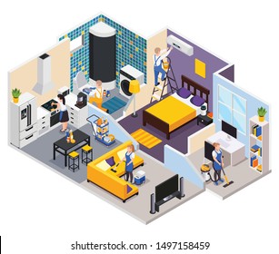 Professional cleaning service isometric composition with profile view of private apartment rooms with workers in uniform vector illustration