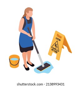 Professional Cleaning Service Isometric Composition With Character Of Woman Performing Wet Cleanup On Blank Background Vector Illustration