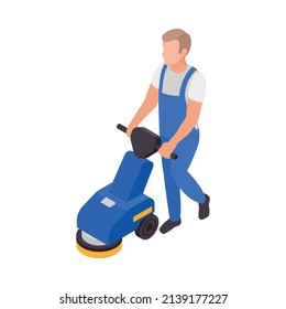 Professional cleaning service isometric composition with character of man operating cleaning machine on blank background vector illustration