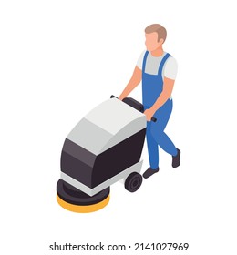 Professional cleaning service isometric composition with character of man operating cleaning machine on blank background vector illustration