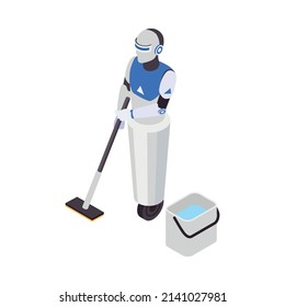 Professional cleaning service isometric composition with character of anthropomorphic robot with vacuum cleaner on blank background vector illustration