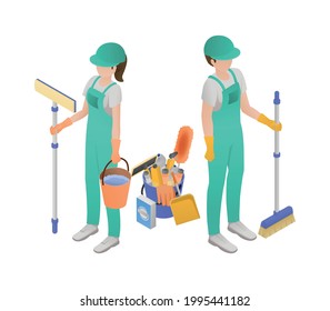 Professional cleaning service isometric concept two women with a mop and dusting brush ready to go vector illustration