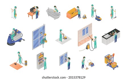 Professional Cleaning Service Isometric Icon Set Floor Cleaner With A Special Car With A Mop Worker With Sponge Window And Surface Clean Vector Illustration