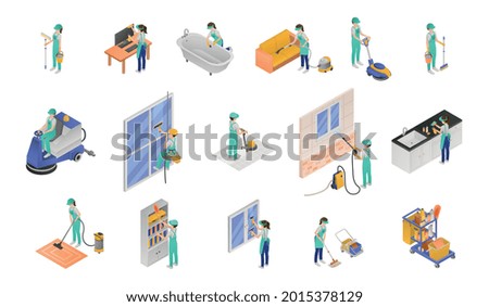 Professional cleaning service isometric icon set floor cleaner with a special car with a mop worker with sponge window and surface clean vector illustration