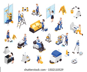 Professional Cleaning Service Isometric Set With Isolated Images Of Workers With Janitorial Supplies And Furniture Items Vector Illustration