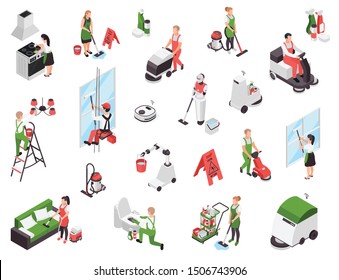 Professional cleaning service isometric set with isolated characters of workers with equipment and janitorial supplies detergents vector illustration