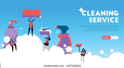 Professional cleaning service landing page horizontal banner with funny figures performing housekeeping duties blue background vector illustration 