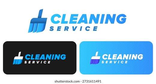 Conjunto de logotipo de serviço de limpeza profissional com um ícone de vassoura moderno. Modelos de identidade de marca em azul e branco para empresas de manutenção, limpeza e manutenção. Isolado em vários planos de fundo.