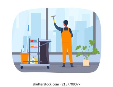 Professional Cleaning Service. Male Worker Wearing Uniform Washing Big Windows At Office. Cleaner With Domestic Equipment And Detergents For Cleanup. Employee Supporting Hygiene Vector