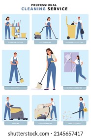 Professional cleaning service mopping steam sweeping garbage collection flat infographics vector illustration