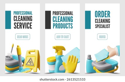 Professional cleaning service, products and specialist. Online order template, advertising 3D design vector set. Cleaning accessories and housekeeping equipment
