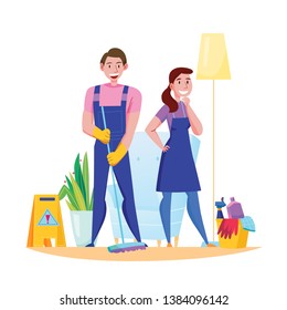 Professional cleaning service team duties accessories flat composition with man woman in uniform sweeping floor vector illustration