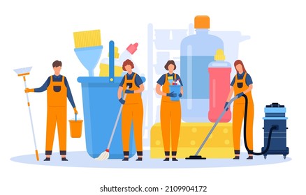 Professional cleaning service team with equipment and tools. Flat men and women cleaners in uniforms with vacuums and brooms vector concept. Employees in uniform with detergents for cleanup