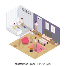 Professional cleaning service team at work vacuuming carpet furniture squeegeeing window washing disinfecting bathroom isometric vector illustration    