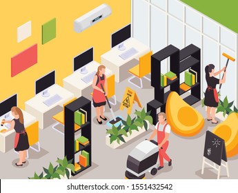 Professional cleaning service team working in college office dusting computer desks bookshelves vacuuming isometric composition vector illustration 