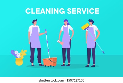 Professional cleaning service with vector illustration concept, man and woman working together with cleaning equipment design, 
can use for, landing page, template, web, homepage, poster, banner flyer