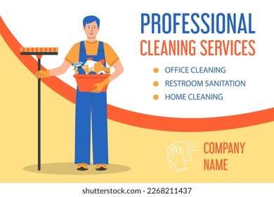 Professional cleaning service vector web banner template. Cleaning service worker standing and holding different cleaning tools vector isolated. Bucket, detergent, gloves and broom.