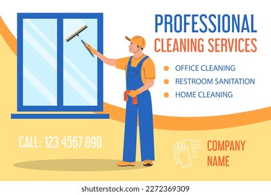 Professional cleaning service vector web banner template. Man cleaning window using squeegee vector isolated. Cleaning service worker in uniform with speacial tool. Professional worker.