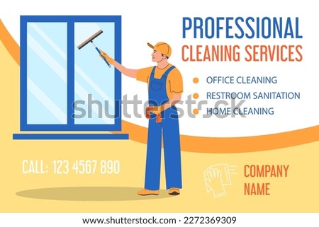 Professional cleaning service vector web banner template. Man cleaning window using squeegee vector isolated. Cleaning service worker in uniform with speacial tool. Professional worker.