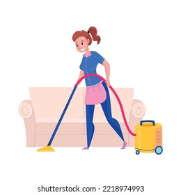 Professional cleaning service worker doing the hoovering flat vector illustration