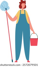 Professional cleaning service worker holding a mop and bucket, dressed in a uniform, preparing to tackle household chores and ensure a spotless and hygienic home environment