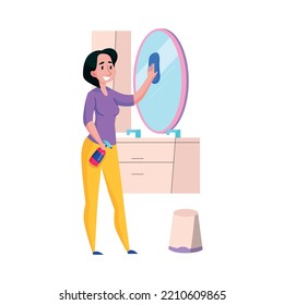 Professional cleaning service worker washing mirror in bathroom flat vector illustration