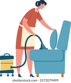 Professional cleaning service worker wearing a uniform and apron, expertly vacuuming an armchair in a tidy office or home, ensuring hygiene and cleanliness while removing dust and dirt