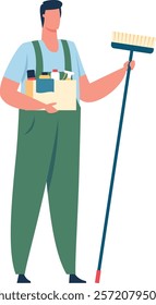 Professional cleaning service worker wearing a uniform, holding a box filled with various cleaning products and a broom, is prepared to tackle cleaning tasks with efficiency