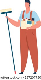 Professional cleaning service worker wearing uniform holding a broom and a box of cleaning products ready to clean a house, office or hotel room