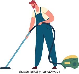 Professional cleaning service worker wearing blue overalls using a vacuum cleaner during his work shift, cleaning company services, hygiene and cleanliness concept