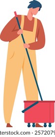 Professional cleaning service worker wearing uniform mopping the floor with a bucket and a mop, cleaning company services, housekeeping job