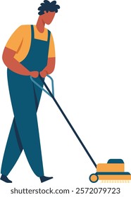 Professional cleaning service worker wearing uniform and using a floor scrubber dryer machine is working, cleaning company services, cleaning equipment, hygiene and tidiness concept