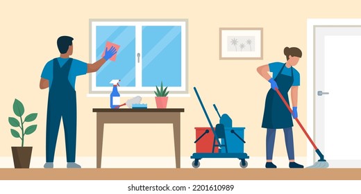 Professional cleaning service working at home, they are cleaning windows and floors