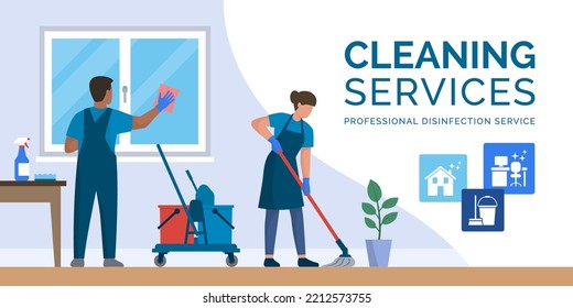 Professional cleaning service working at home, they are cleaning windows and floors