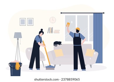 Professional cleaning service working at home, team are cleaning windows and floors. Cleaning jobs and professional hygiene service for home. Janitor, employees cleanup. flat vector illustration