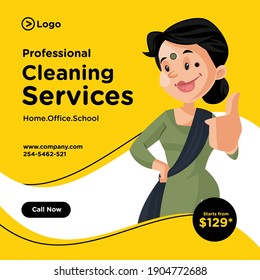 Professional cleaning services banner design. Indian maid is with a thumbs-up sign. Vector graphic illustration.