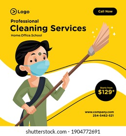 Professional cleaning services banner design. Indian maid is wearing the mask and cleaning home with a broom. Vector graphic illustration.